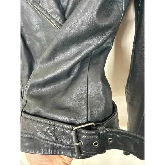 Lucky Brand Womens Black Genuine Leather Moto Jacket Size L - Picture 8 of 16